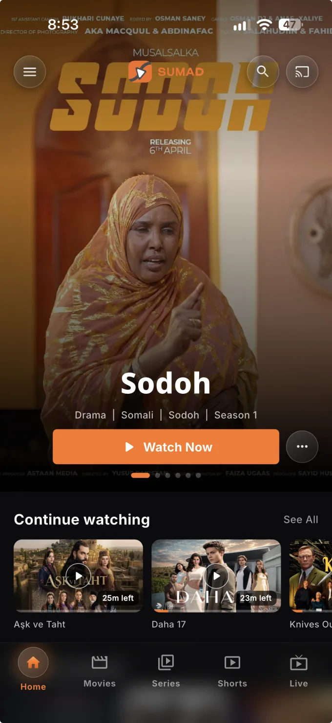 Sumad streaming home screen